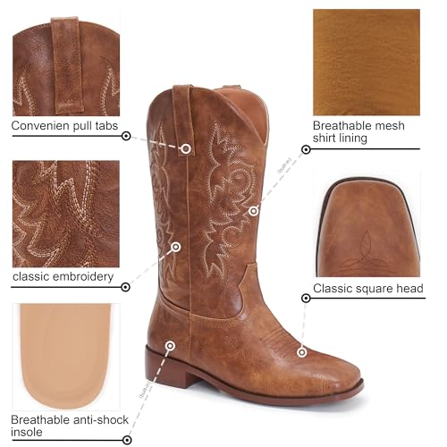 Image of Cowgirl Boots Square Toe Cowboy Boots For Women Ladies Mid Calf Low Heel Flat