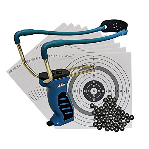 Big Blue Quick Shot Schleuder mit Kugelmagazin + 120 Stahlkugeln 8mm + Ersatzgummi + 10 ShoXx.® Shoot-Club Zielscheiben Cover