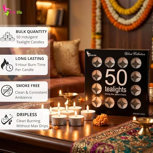 Image of Kriti Life Tealight Candles 100% Paraffin Wax | 9 Hours | Smokeless Unscented | Dripless White Candles for Home Decor | Wax Candles Set of 50