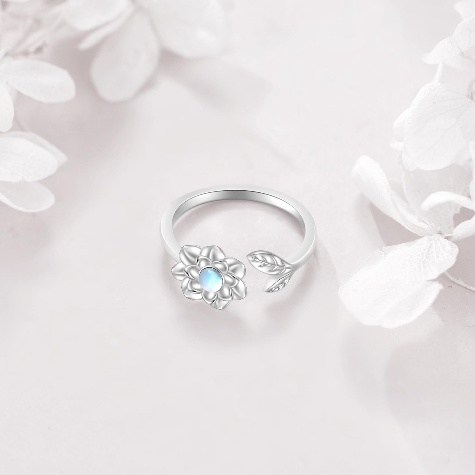 YFN Bague lotus en argent sterling 925 avec pierre de lune et lotus - Cadeau pour femme et fille, Argent sterling, Pierre de lune