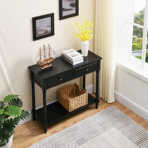 Jesonvid Solid Wood Console Table With 2 Drawers, 2-Tier 35.4" X 30" Accent Sofa Table With Multilayer Storage Shelf Rustic Hall Entryway Tables For Living Room Home Office-Black #TOP5