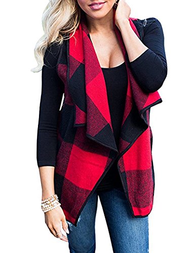 Yanekop Womens Lapel Sleeveless Open Front Hem Plaid Vests Cardigan Jacket With Pockets(Red,XL)