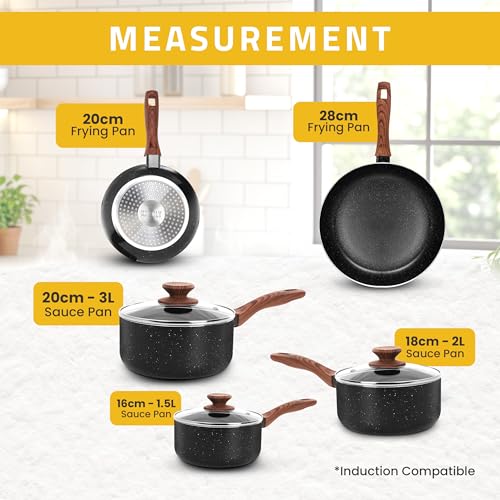 Kichly Non-Stick Granite 8 Pcs Cooking Pots and Pans Set Nonstick Cookware Induction Hob pan Set with 20cm, 28cm Frying Pan Set and 20cm,18cm & 16cm Saucepan Set with Lids - Image 3