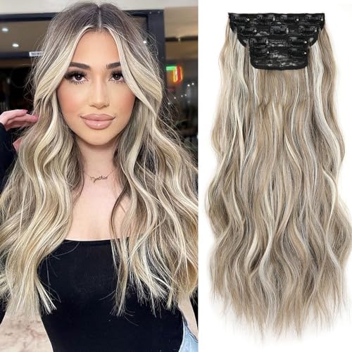 Mscat 16 Inch Wavy Hair Extensions - Ash Brown Blonde Clip in Set - Thick Curly Wavy Synthetic Hair - 4PCS Full Head