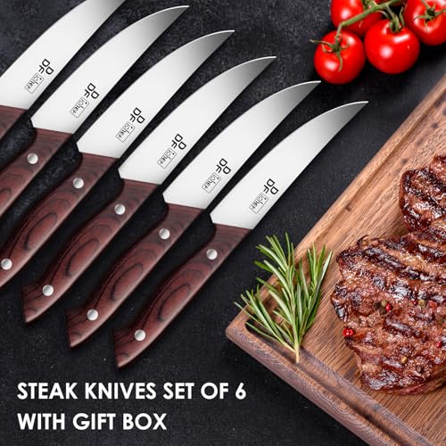 Image of DDF iohEF Steak Knives Set of 6, Non-serrated Steak Knife 4.5 Inch High Carbon Japanese Stainless Steel Kitchen Steak Knife 6 Pieces Dinner Knives Ultra Sharp with Ergonomic Handle and Gift Box