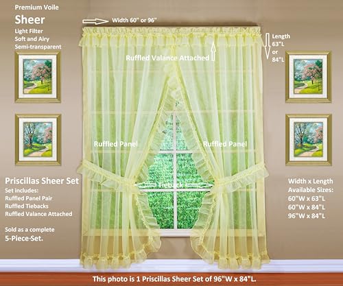 Image of Today's Curtain, Emelia Priscilla Sheer Pair 96 inch W x 84 inch L, Yellow, 5-Piece-Set