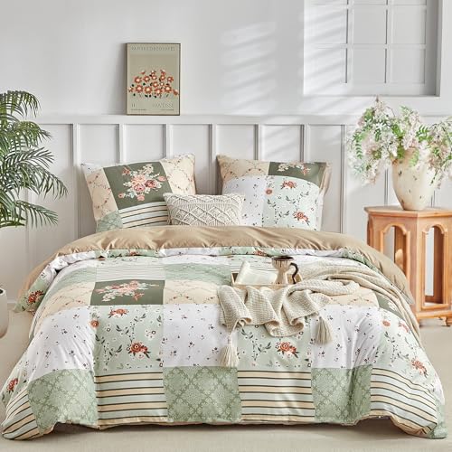 Tokokimo Ropa de cama 220x240 3 piezas   Patchwork con flores estilo bohemio   Funda nórdica de microfibra 220x240 para camas dobles con 2 fundas de almohada con cremallera 80x80, Verde