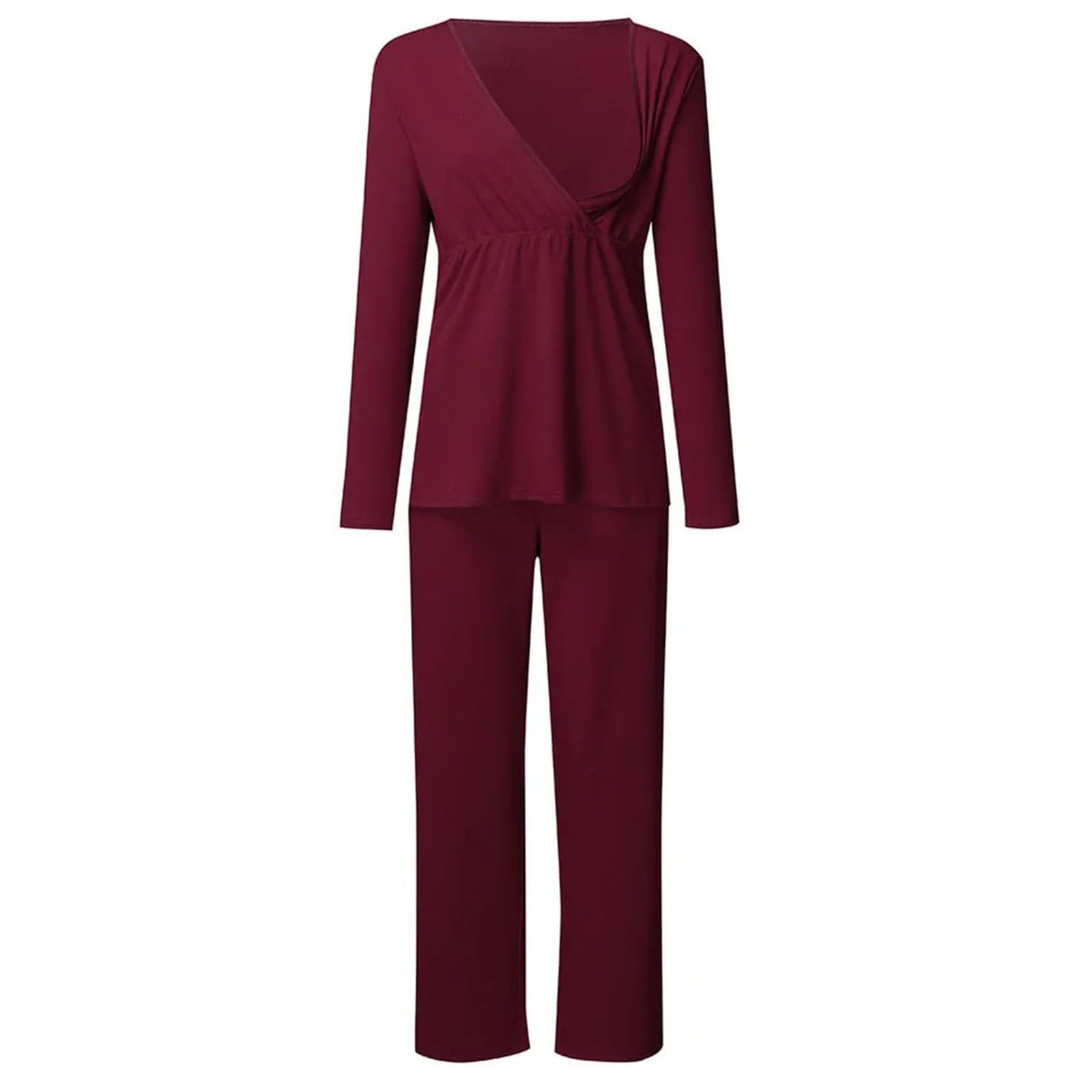 Ensemble de Pyjama Maternité Coton Pyjama de maternité Couleur Unie Longue Vêtements de Nuit Grossesse Pyjama Chaud Allaitement