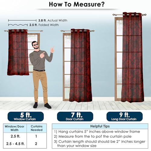 Image of Door Curtains 7 feet Long Set of 2 | Floral Design | Polyester, Light Filtering Curtains and Drapes | Curtains for Living Room | (118 x 215 cm, Red) | Perfect for Home Decor