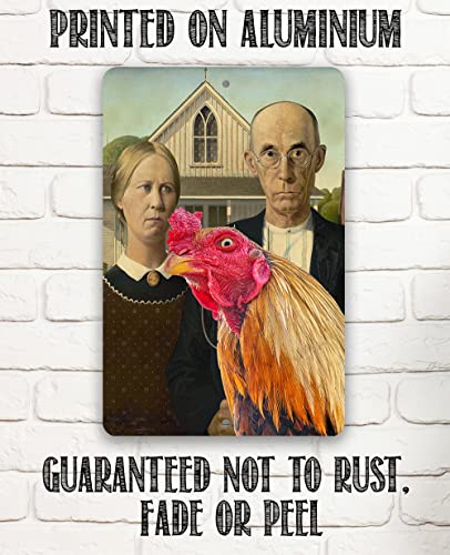 Metal Sign - American Gothic Painting - Interrupted By Rooster - Durable Metal Sign - Use Indoor/Outdoor - Funny And Artsy Chicken Farm And Coop Decor And Gift (8" X 12")? #TOP5