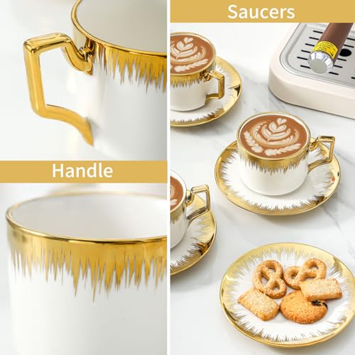 Ceramiczny zestaw filiżanek do kawy, 6-częściowy kubek do układania w stos ze spodkami do espresso lub herbaty, elegancki wystrój kuchni domowej, 250 ml ze złotą krawędzią