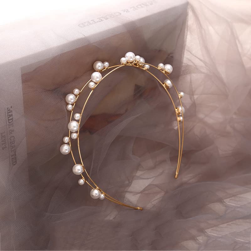 Double Layer Pearl Beaded Headbands Hair Hoops Bridal Hairbands Wedding Hair Accessories Fashion Elegant Pearl Headbands for Women Girls (Gold)