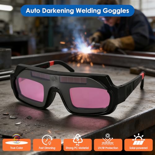 Image of Welding Glasses Auto Darkening, True Color Solar Welding Goggles with Adjustable Eye Legs, Welding Safety Glasses Eyes Protective with 10 Replacement PC Lens,Welder Mask Welding Helmet for TIG MIG ARC