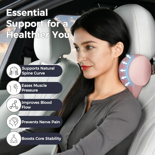 Image of Coverado Car Headrest Pillow, Ergonomic Memory Foam Car Neck Pillow for Driving Seat with Adjustable Strap, Soft PU Leather Breathable Removable Cover Neck Support for Neck Pain Relief, Pink