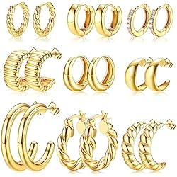Aros Dorados Gruesos MILACOLATO 9 Pares De Pendientes Mujer De Aro De Oro Para Pendientes Ligeros Grueso Chapado 14 Quilates Multipack Hipoalergénico, Grueso Abierto Retorcido Huggie Hoops Oro