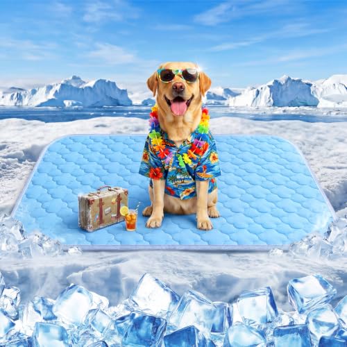QOKO Dog Cooling Mat for Large Dogs Long-Lasting Cool Pad for Dogs Outdoor & Indoor Use w Waterproof Cover Summer Cooling Pet Bed 36 x 26 Non-Slip Washable Pet Blanket (Cryo Ice Blue)