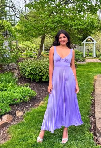 IIF Pleated Satin Bridesmaid Dress Tea Length V Neck A Line Midi Prom Formal Evening Gown with Pocket IIF1753