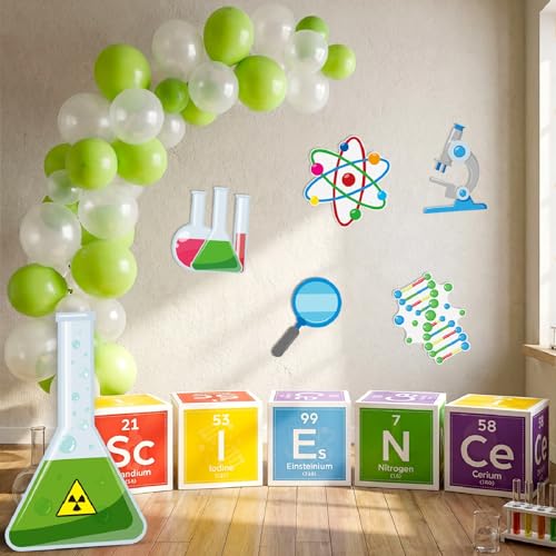 Kosiz 61 Pcs Science Party Decorations Kit Scientist Birthday Party Supplies with 12 Inches Science Favors Boxes Chemistry Laboratory Erlenmeyer Flask Prop Sign for Birthday Scientist Lab Week Stem