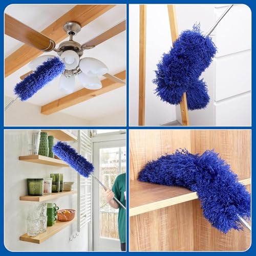 Image of Microfiber Feather Fan Cleaning Duster with 100 inches Expandable Pole & Bendable Duster Head for Dusting High Ceiling Cobweb Fans Window Blinds Furniture Home Dust Cleaner Mop Stick