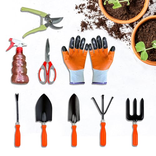 Cinagro Garden Tools Kit, 9 Pcs, Weeder, 2 Trowels, Hand Fork, Cultivator,...