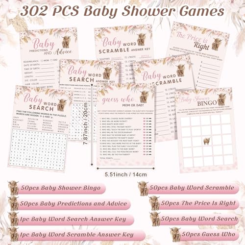 Image of Jetec 302 Pcs Baby Shower Games, 6 Games,50 Sheets Each, Pink Highland Cow