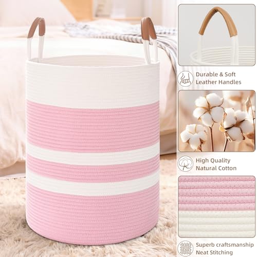 Image of Large Laundry Basket, Laundry Hamper with Leather Handles, 60L Woven Dirty Clothes Hamper, Rope Hampers for Bedroom, Barthroom, Pink