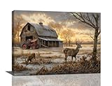 Farmhouse Wall Art Farm Deer Pictures Wall Decor Rustic Old Barn Canvas Prints Country Landscape Painting Framed Modern Home Artwork Decoration for Bedroom Kitchen Living Room 16'x12'