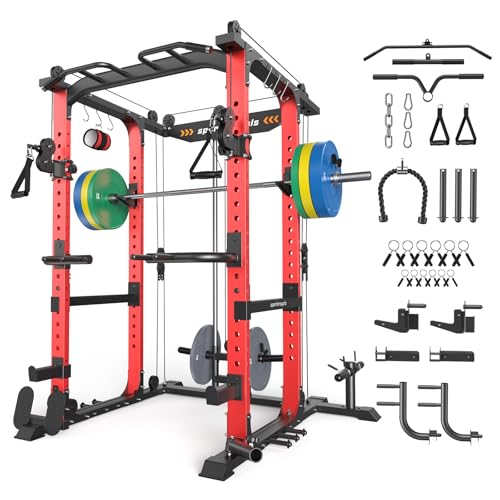Image of Sportsroyals Power Cage, Multi-Functional Squat Rack, Power Rack with Pulley System & LAT Pull Down, Workout Cage with J Hooks for Home Gym