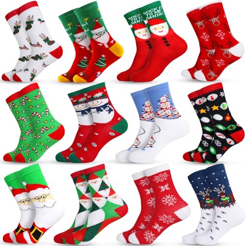 POWLYB 12 Paires Chaussettes de Noël pour Hommes, Femmes et Enfants - Motifs Père Noël, Renne, Neige - Taille 35-38