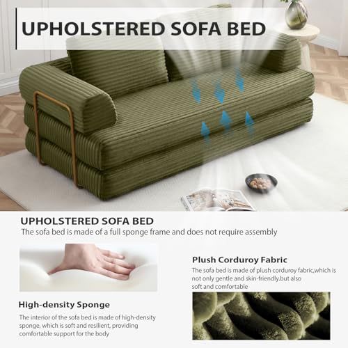 Image of HANXIN 80 Inch Convertible Sleeper Sofa Bed, High Back Plush Corduroy Folding Floor Mattress Couch with Fixed-Shape Frame, Boneless Futon Loveseat with Pull Out Bed, No Assembly Required (Green)