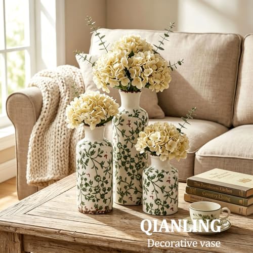 Image of Green Ceramic Vase Set - 3 Chinoiserie Green Floral Vases, Farmhouse Country Flower Vase Home Decor, Living Room Decoration, Table Decoration, Fireplace Decor, and Entrance Decorations Centerpiece