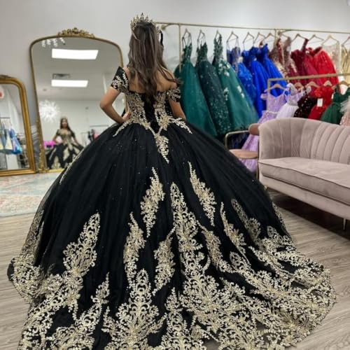 Mauuwy Gold Lace Quinceanera Dresses Glitter Off Shoulder XV Dresses Tulle Puffy Sweet 16 Dresses Ball Gown with Train2