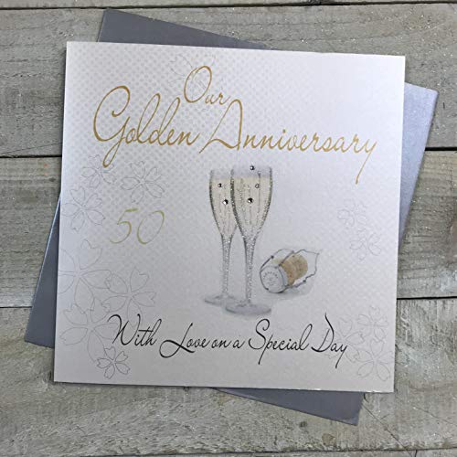 White Cotton Cards XLWA50R - Tarjeta de Bodas de Oro (5Oº Aniversario, Fabricada a Mano), diseño de Copas de champán Cover