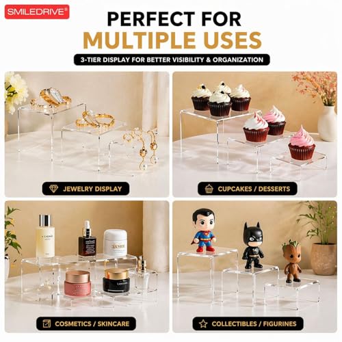 Image of SMILEDRIVE Acrylic Display Risers Set of 3, 5MM Thick, 3x3, 4x4, 5x5 Inch | Transparent Stand, For Jewelry, Collectibles, Cupcakes & Retail