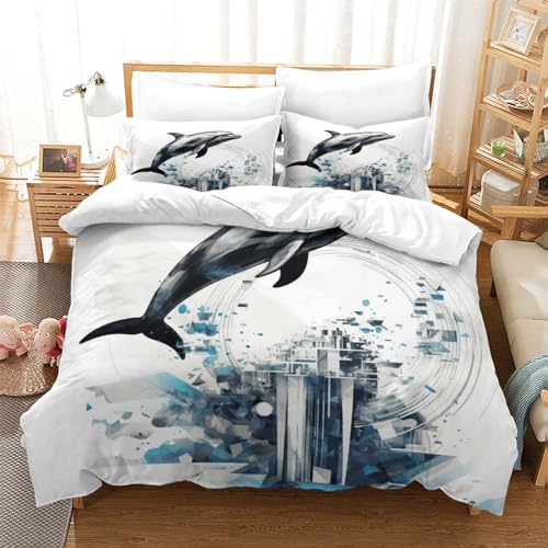 Housse couette imprimé dauphin 3D microfibre parure de lit animaux marins - 3