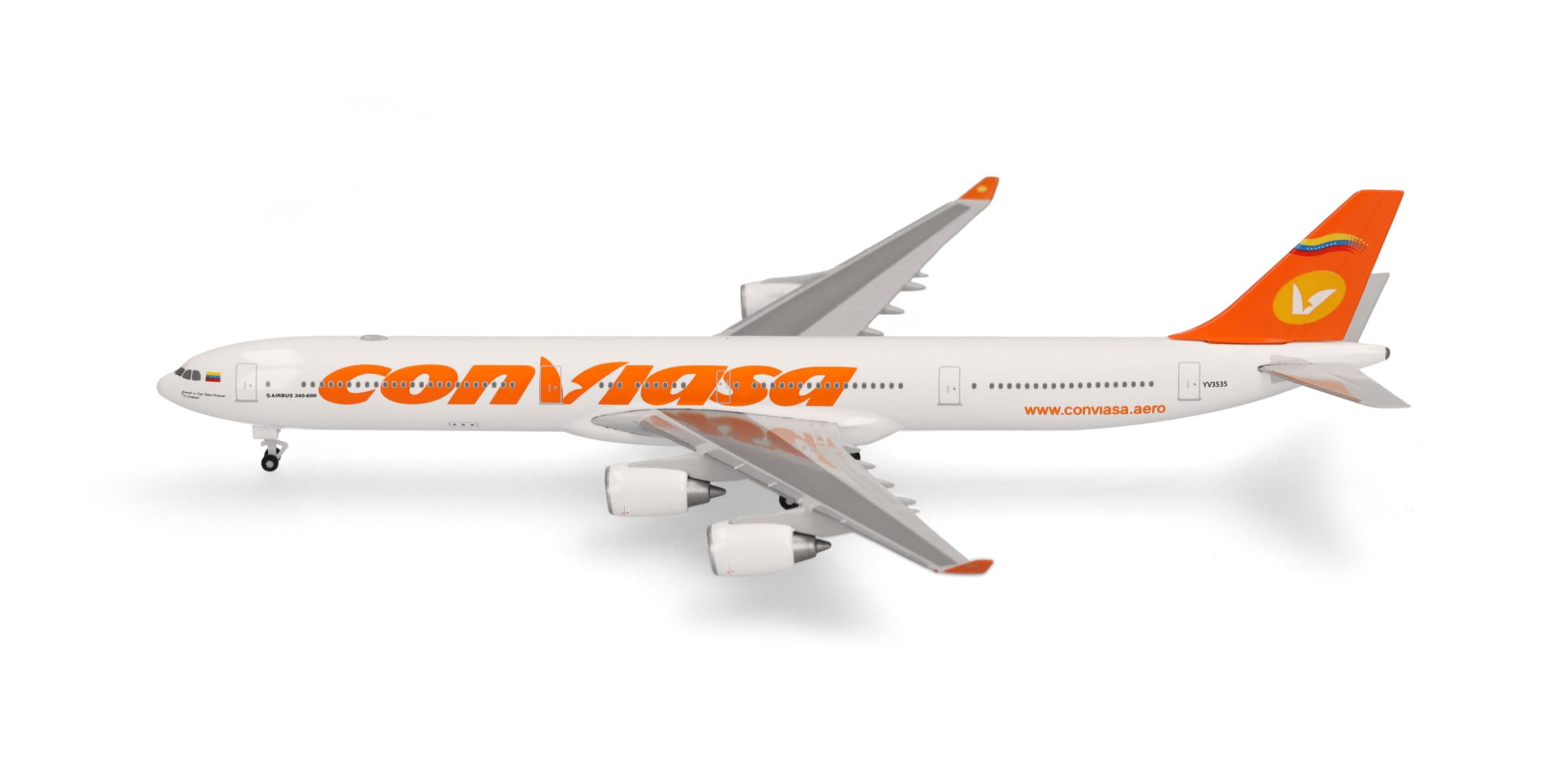 Herpa Modèle réduit Avion Conviasa Airbus A340-600, Miniature à l’échelle 1:500, pièce de Collection, modèle d’Avion sans Socle, métal