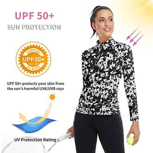 Women's 1/4 Zip Pullover Long Sleeve Athletic Shirt Collared Running Top Quick Dry Tennis T-Shirt(Black Floral,L) #TOP1