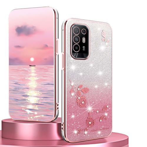 BORYA Funda de Silicona para OPPO A94 5G / OPPO A95 5G, Resistente a los Golpes, Ultrafina, Suave TPU, Elegante galvanizado, Brillante, Flores de Diamante, Funda Protectora con Tarjeta de Degradado