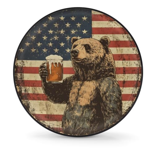 Image of Spare Tire Cover Bear American Flag Wheel Covers Protectors Waterproof Dust-Proof Universal Fit Trailer, RV, SUV and Many Vehicle (15 inch for tire Diameter 27.55 inch-29.13 inch)
