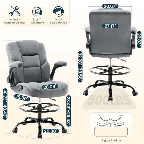 Image of Drafting Chair 500Lbs, Tall Office Chair for Standing Desk, Fabric Executive Office Chair with Flip-up Armrests, Ergonomic High Chair with Adjustable Foot Ring, Comfy Stool Chairs, Grey