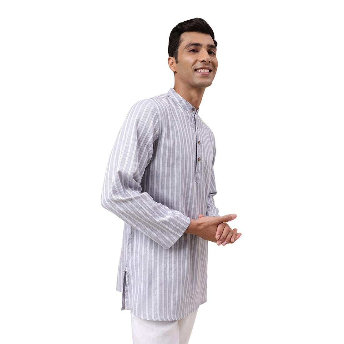 Fabindia Men's Cotton Striped Regular Fit Kurta (1032026Grey_Grey