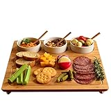 Picnic at Ascot Bamboo Cheese Board/Charcuterie Platter - Includes 3 Ceramic Bowls with Bamboo Spoons - 13' x 13' - Designed and Quality Checked in the USA