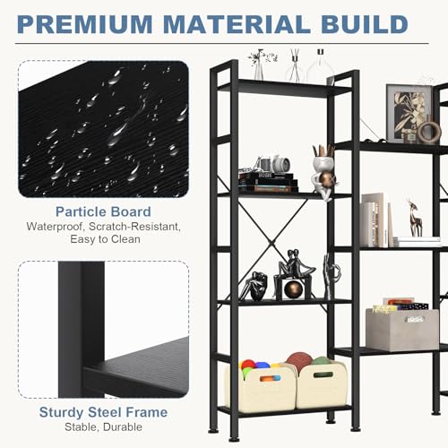 Image of DUMOS Triple Column 4 Tier Bookshelf with Adjustable Shelves, Wide Convertible Display Unit, Industrial Bookcase for Living Room & Home Office, Sturdy Freestanding Storage Decor Organizer, Black