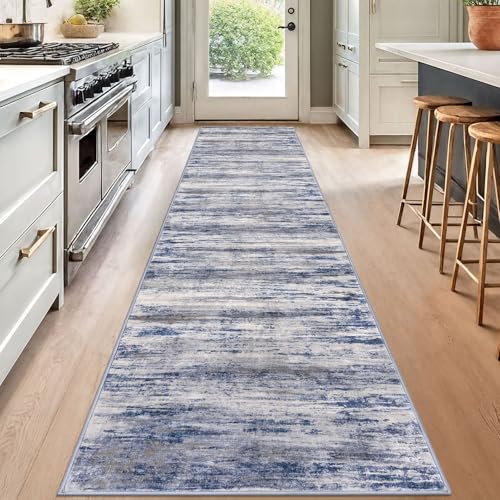 KOZYFLY Modern Abstract Washable Rug Runner 2.6x12 Hallway Rug Runner Non-Slip Soft Kitchen Runner Rugs, Distressed Grey-Blue Striped Carpet for Entryway Bathroom Laundry Room Foyer