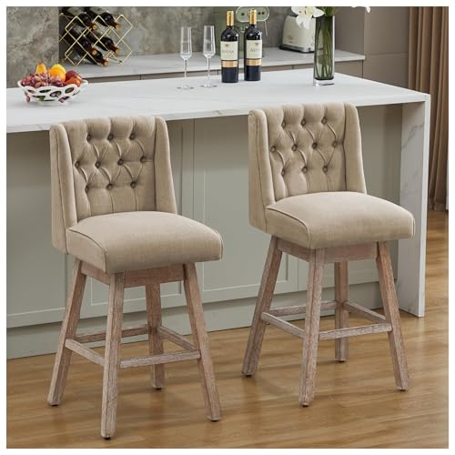 Image of Swivel Bar Stools Set of 2, Counter Height Barstools with Back, Linen Fabric Upholstered Bar Stools, 28 inch Modern Barstools Wood Legs for Kitchen Island Dining Room Bar