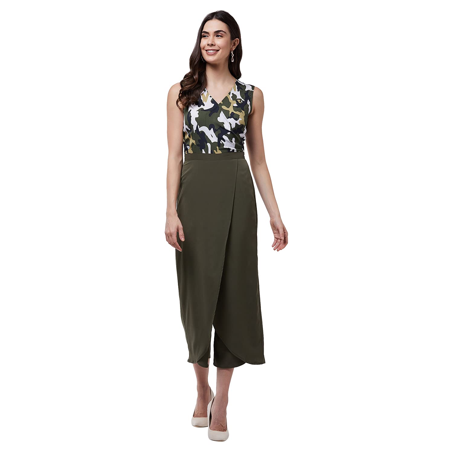 Women’s Camouflage Wrap Jumpsuit | Sleeveless V-Neck One-Piece with Adjustable Wrap Waist & Zipper Closure | Polyester Casual Jumpsuit for Travel, Party & Everyday Style