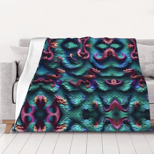 Couverture de lit de luxe à motif écailles de dragon, plaid flanelle doux 3D chaud