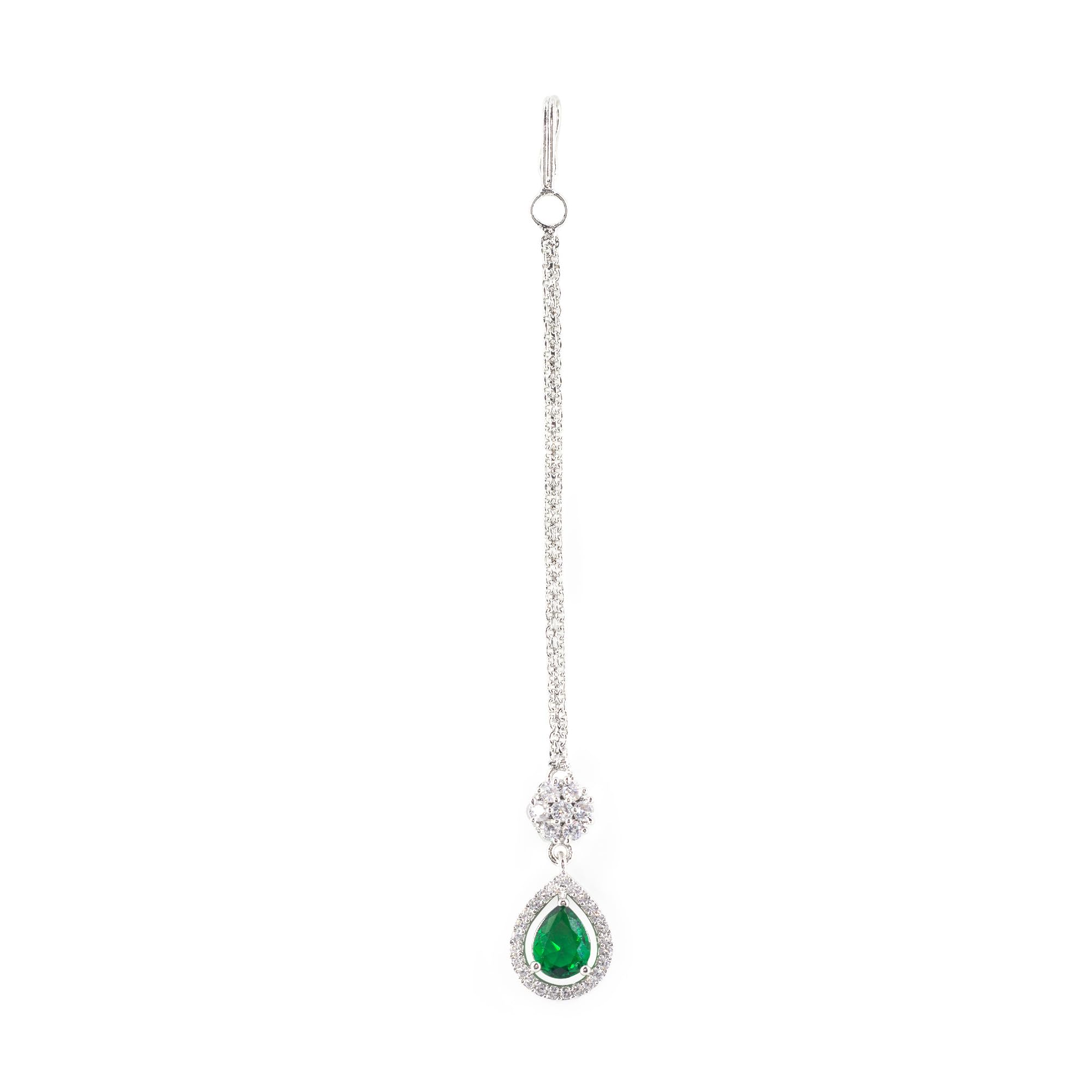 Rhodium Plated Designer Green American Diamonad Tear Drop Crytal Studded Maang Tikka for Women and Gifts for Girls-image-20