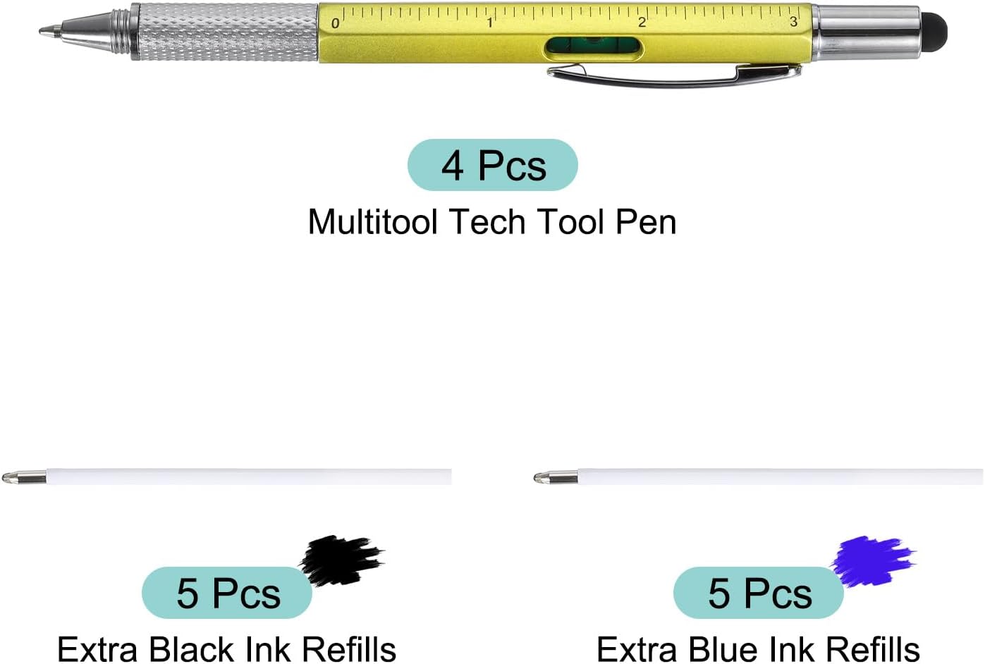 MECCANIXITY 4pcs 6 in 1 Multitool Tech Tool Pen Gifts for Men with Ballpoint Pen, Ruler, Screwdriver, Stylus, Level Gauge, Refills for Christmas Birthday, Yellow