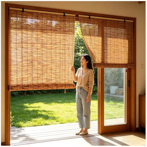 Estor de Caña Natural Carbonizada A Medida - Persiana de Bambú Exterior e Interior para Sombra y Privacidad - Cañizo Enrollable para Balcón, Terraza y Porche - 40x60cm - Tamaño Personalizable